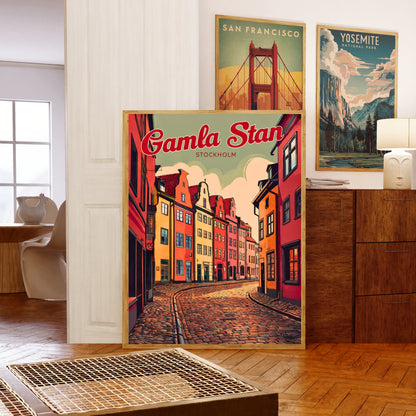 Gamla Stan Vintage Travel Poster - Charming Street in Stockholm