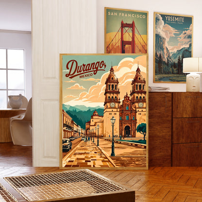 Durango, Mexico Vintage Travel Poster - Iconic Cathedral Landscape