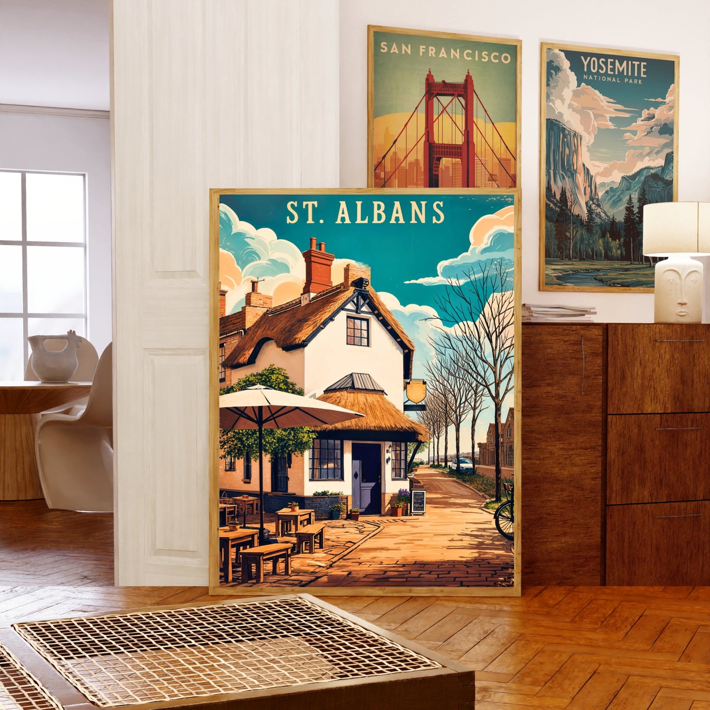 St. Albans Vintage Travel Poster - Charming Pub and Street View