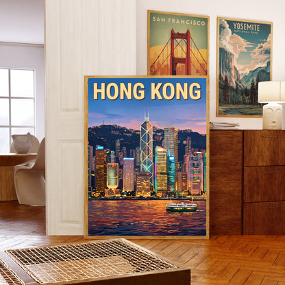 Hong Kong Vintage Travel Poster - Charming Evening View