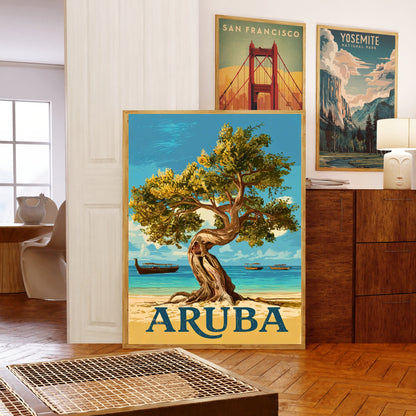Aruba Vintage Travel Poster - Charming White Sandy Beach in Caribbean