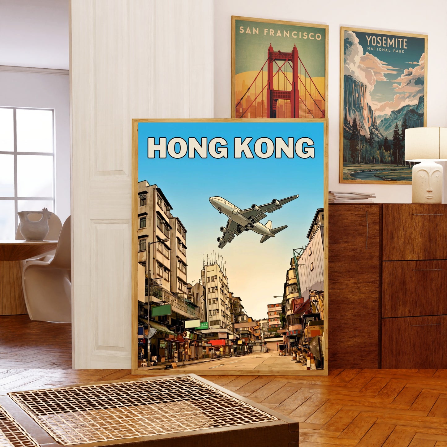 Hong Kong Vintage Travel Poster - Flying View of Kai Tak Airport