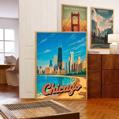 Chicago Vintage Travel Poster - Captivating Skyline view by the beach