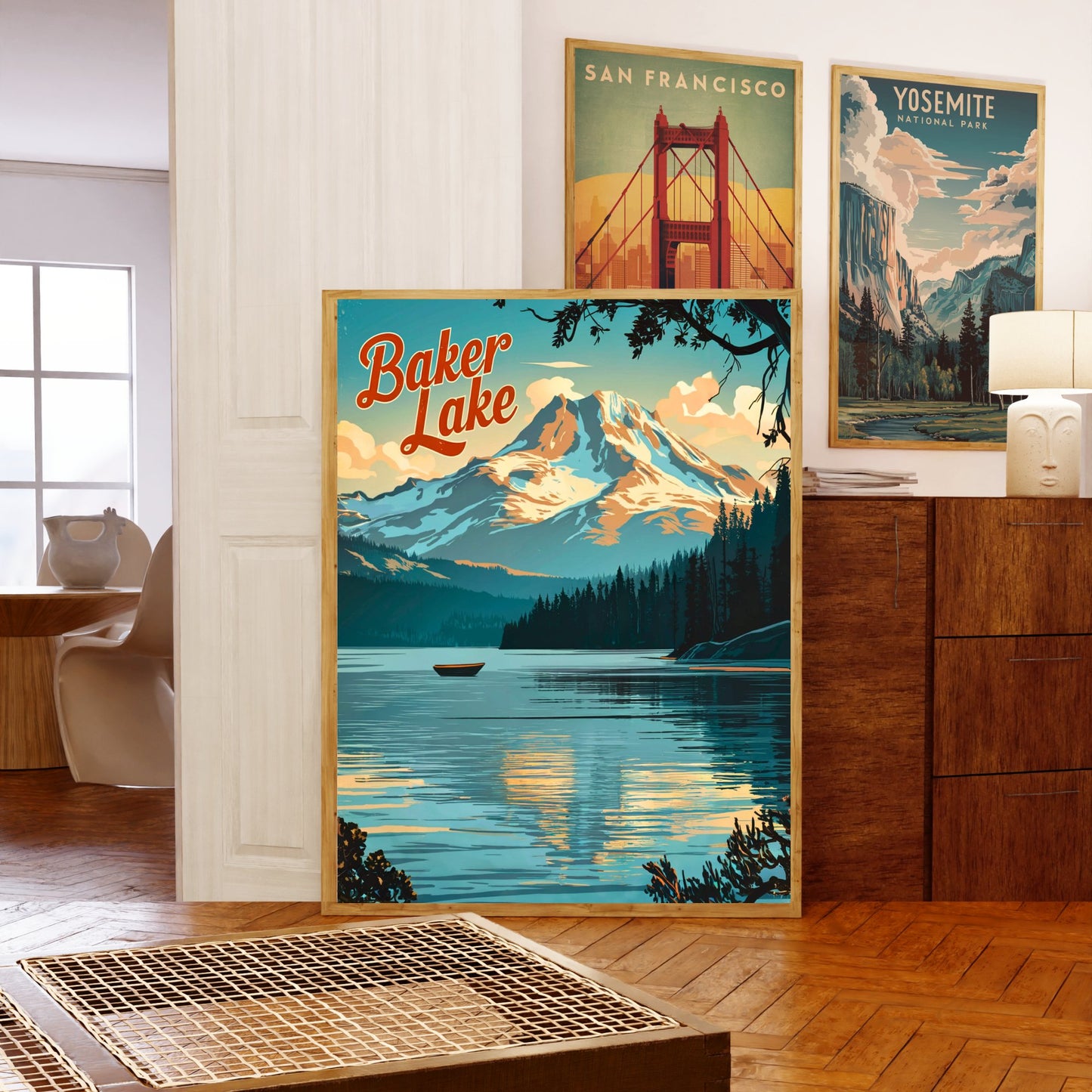 Baker Lake Vintage Travel Poster - Serene Lake and Stunning Glacial Mountain