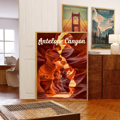 Antelope Canyon Vintage Travel Poster - Majestic Red Sandstone and Sunlight Play
