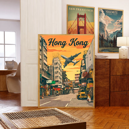 Hong Kong Vintage Travel Poster - Flying into Kai Tak
