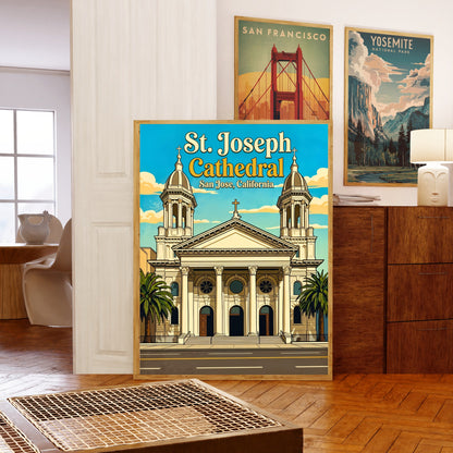 St. Joseph Cathedral Vintage Travel Poster -  Romanesque Beauty in California