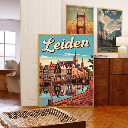 Leiden Vintage Travel Poster - Iconic Landmark and Canal View