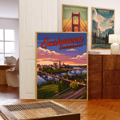 Saskatoon Vintage Travel Poster - Downtown Evening View