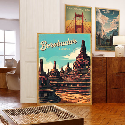 Borobudur Temple Vintage Travel Poster - The Timeless Wonder of Indonesia