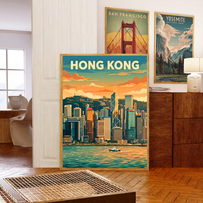 Hong Kong Vintage Travel Poster - Skyline Sunset