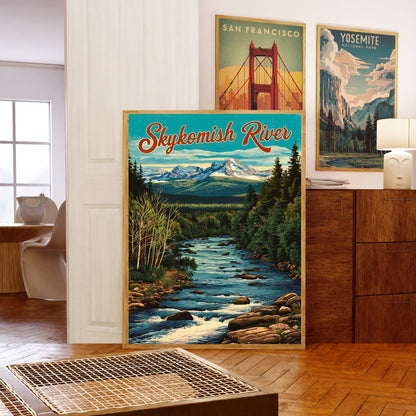 Skykomish River Vintage Travel Poster  - Charming River and Mountain Peak View Washington