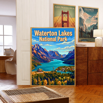 Waterton Lakes National Park Vintage Travel Poster - Lakes Beneath the Peaks