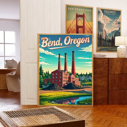 Bend Oregon Vintage Travel Poster - Riverfront Entertainment District