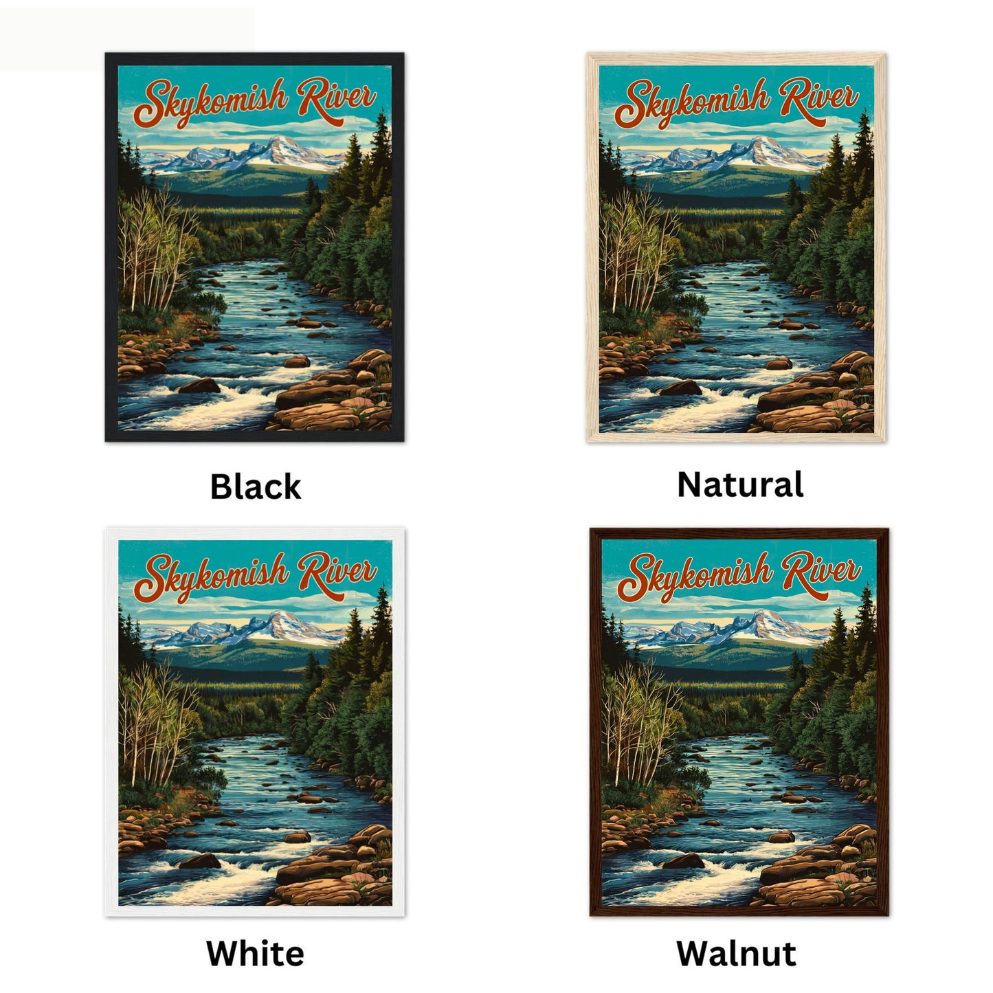 Skykomish River Vintage Travel Poster  - Charming River and Mountain Peak View Washington