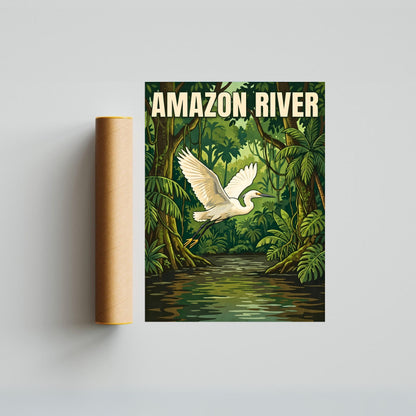 Amazon River Vintage Travel Poster - Jungle Sky Heron