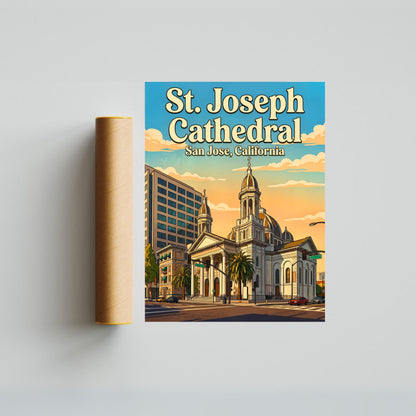 St. Joseph Cathedral Vintage Travel Poster -  Cathedral Calm in Downtown San Jose