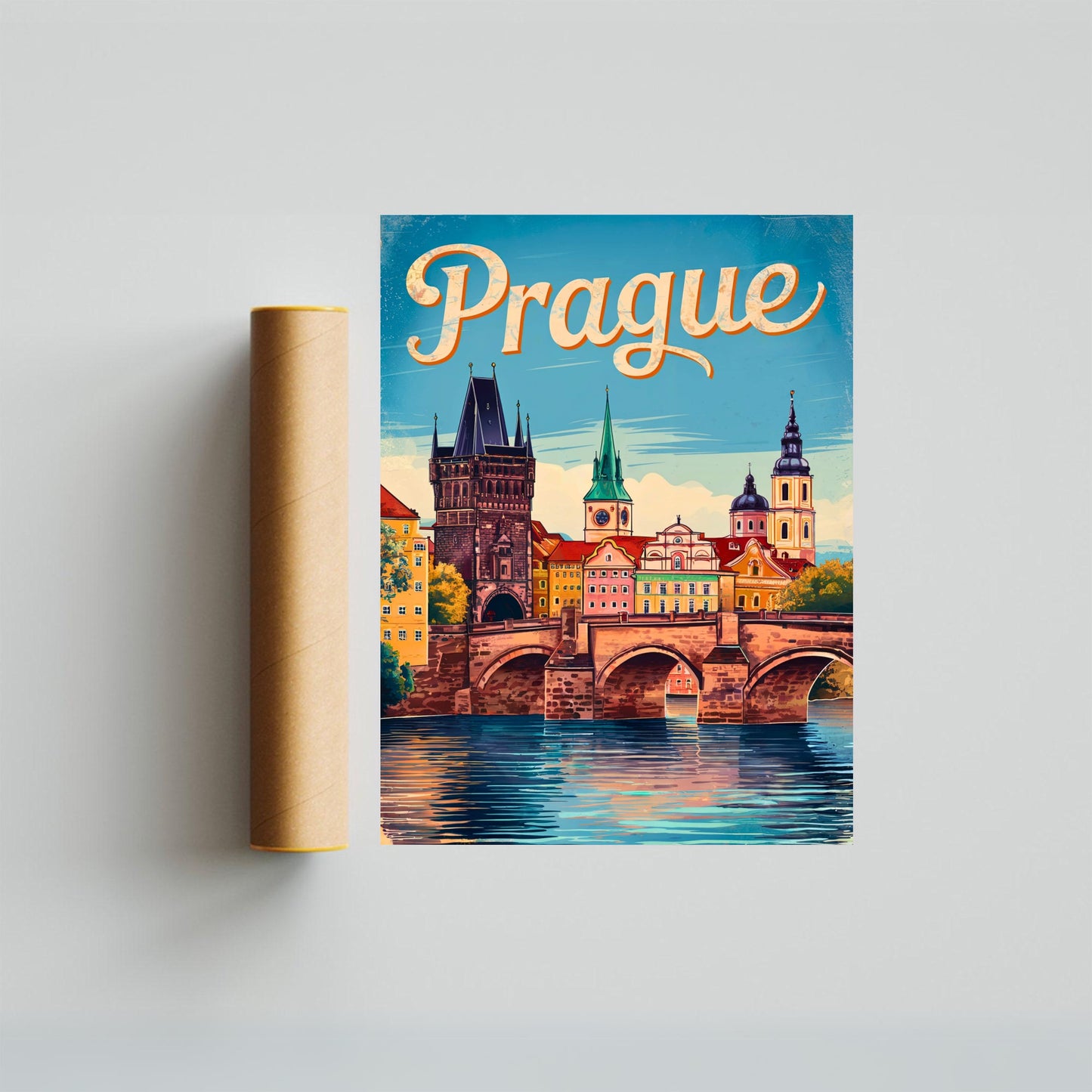 Prague Vintage Travel Poster - Golden Hour in Prague