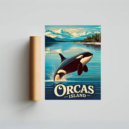 Orcas Island Vintage Travel Poster -  Whale Watching Waters