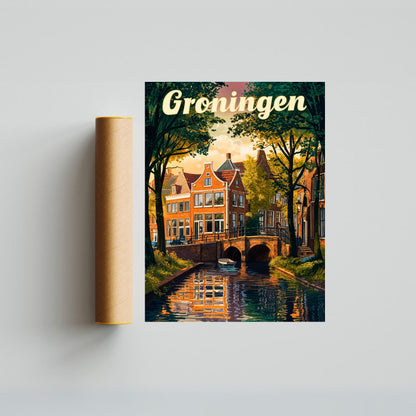 Groningen Vintage Travel Poster - Captivating Canal View