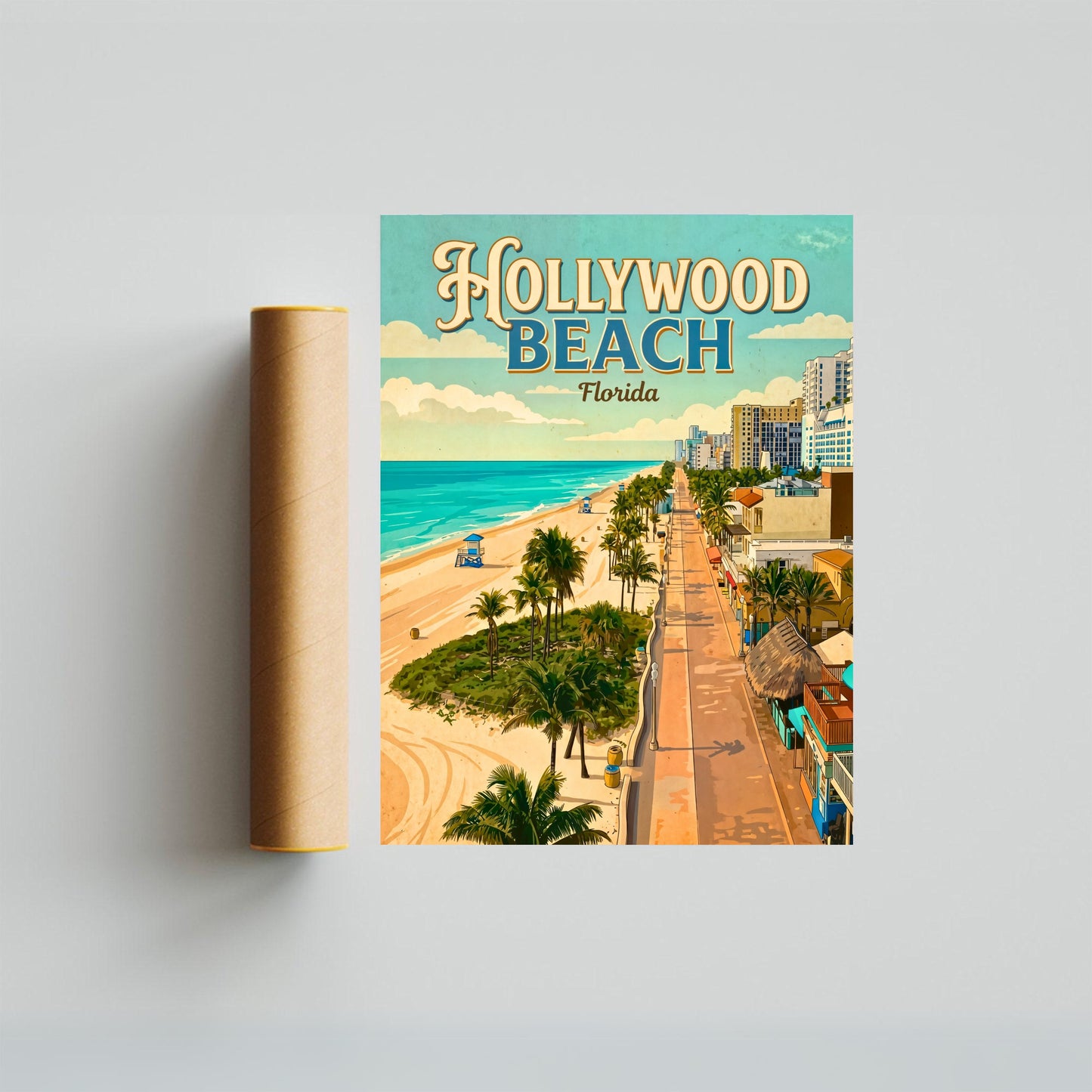 Hollywood Beach Vintage Travel Poster - Ocean Views Florida
