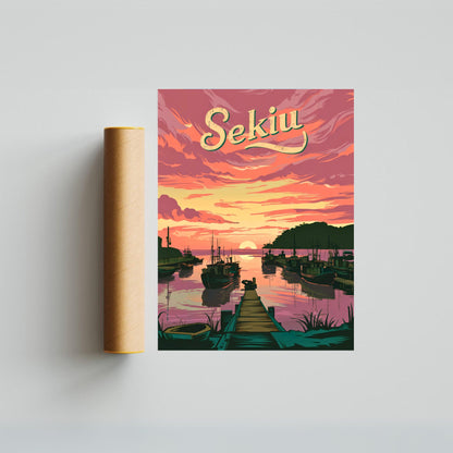 Sekiu Vintage Travel Poster - Captivating Sunset View of Washington Coast.