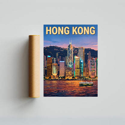 Hong Kong Vintage Travel Poster - Charming Evening View