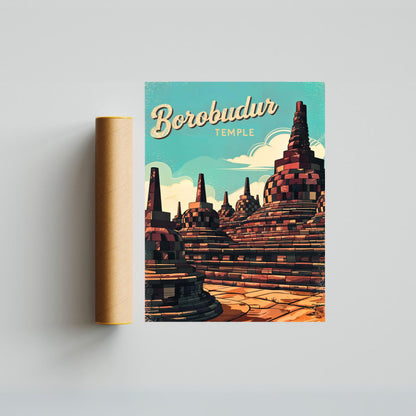 Borobudur Temple Vintage Travel Poster - The Timeless Wonder of Indonesia