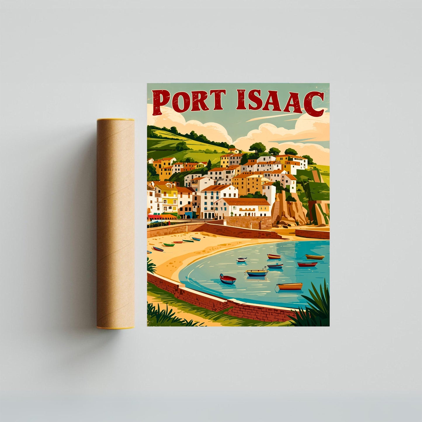 Port Isaac Vintage Travel Poster - England Coastal Village and Harbor View