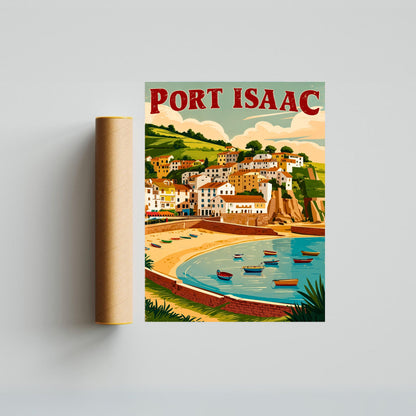 Port Isaac Vintage Travel Poster - England Coastal Village and Harbor View