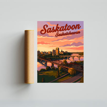 Saskatoon Vintage Travel Poster -   Beautiful Serene River View