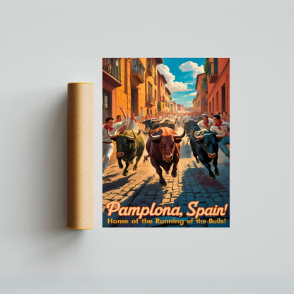 Pamplona Vintage Travel Poster - Running Bulls