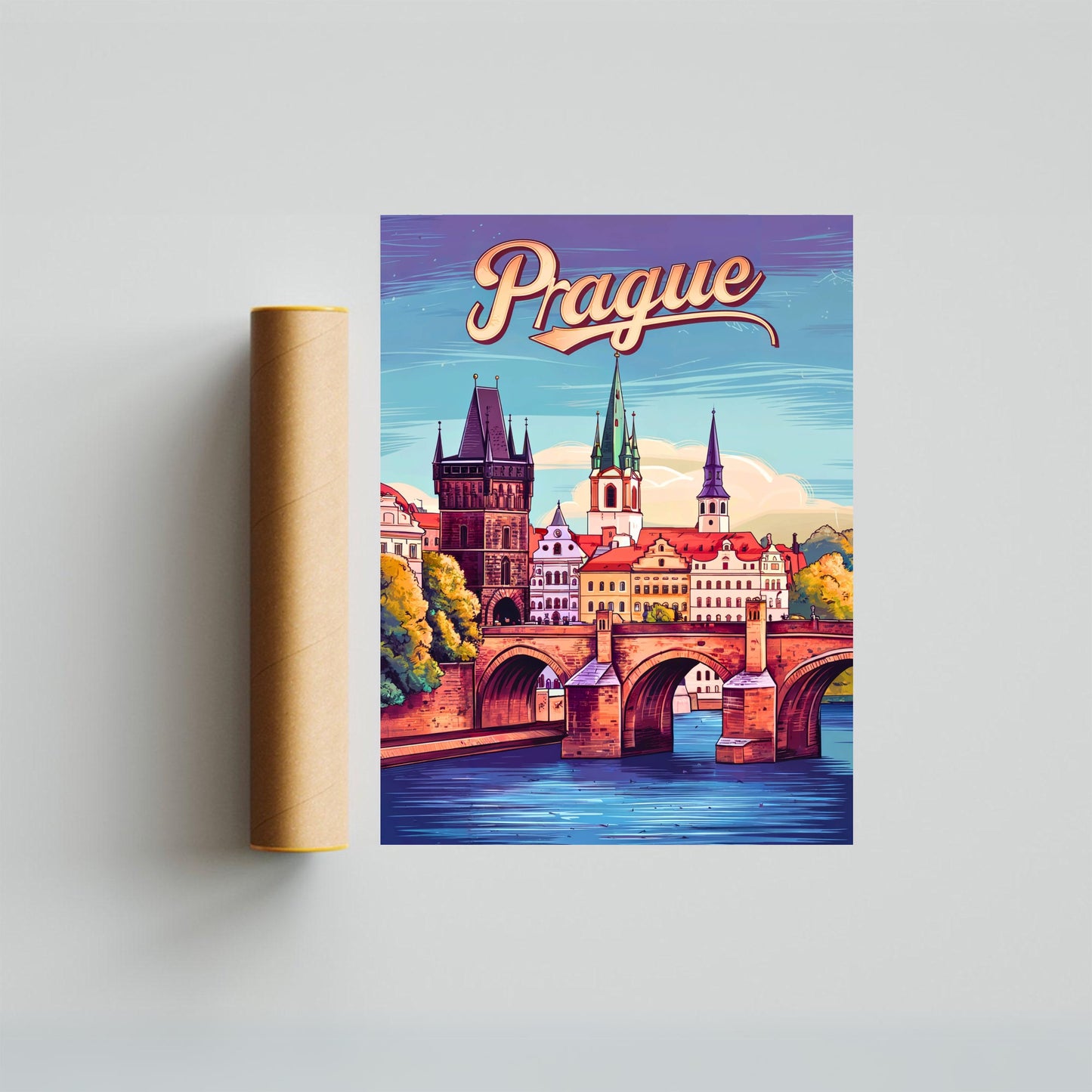 Prague Vintage Travel Poster - Charles Bridge Spain