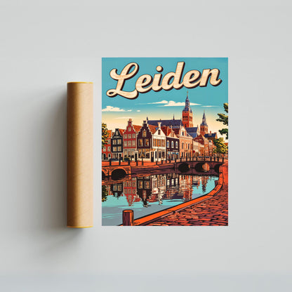Leiden Vintage Travel Poster - Iconic Landmark and Canal View