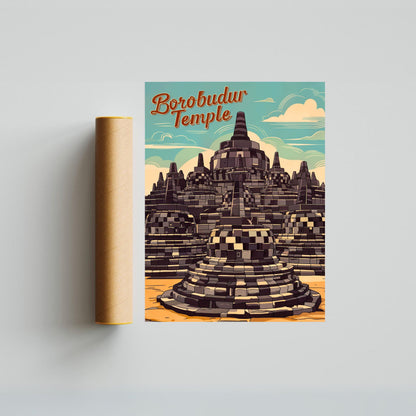 Borobudur Temple Vintage Travel Poster - Indonesia's Ancient Temple