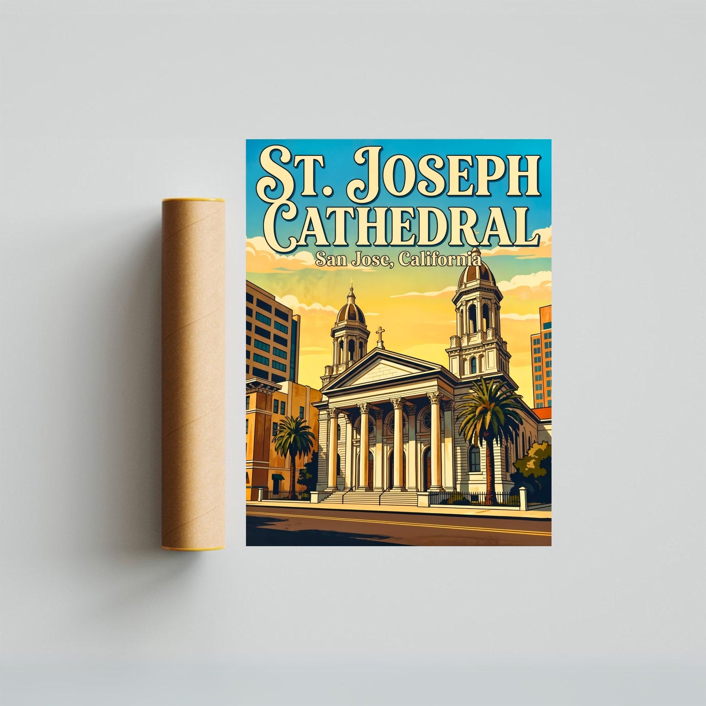 St. Joseph Cathedral Vintage Travel Poster -  A California Cathedral Classic