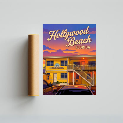 Hollywood Beach Vintage Travel Poster - Sunset at Hotel Paradise