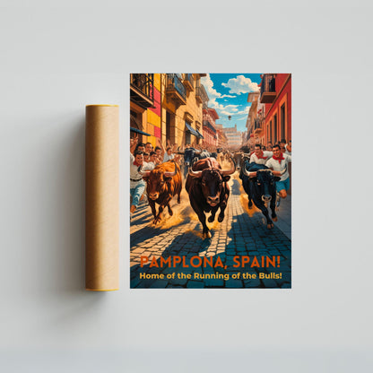 Pamplona Vintage Travel Poster - Captivaing Running Bulls