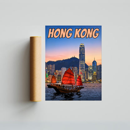Hong Kong Vintage Travel Poster - China Iconic Red Sails