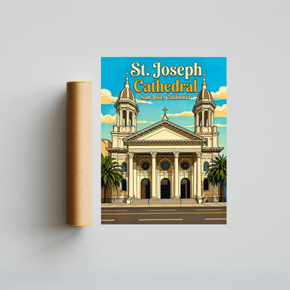 St. Joseph Cathedral Vintage Travel Poster -  Romanesque Beauty in California