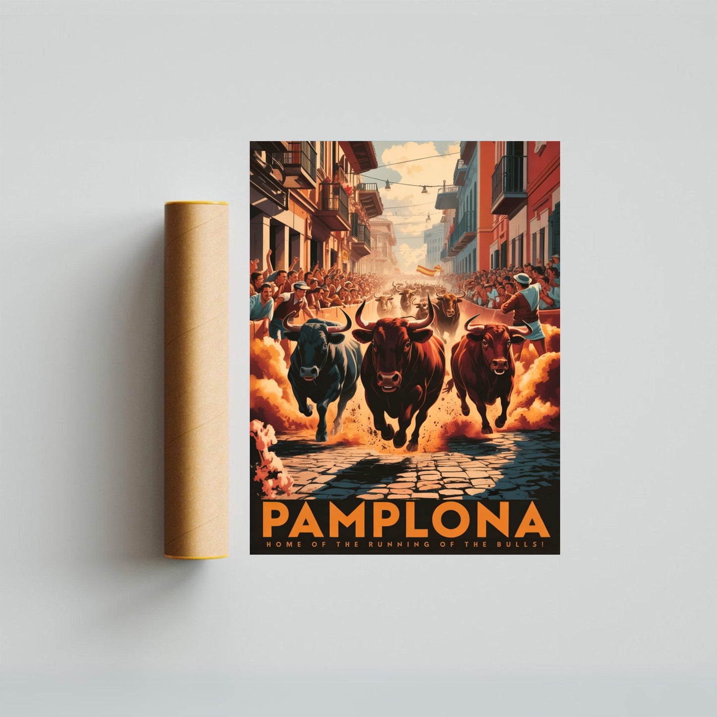 Pamplona Vintage Travel Poster - Running Bulls Race