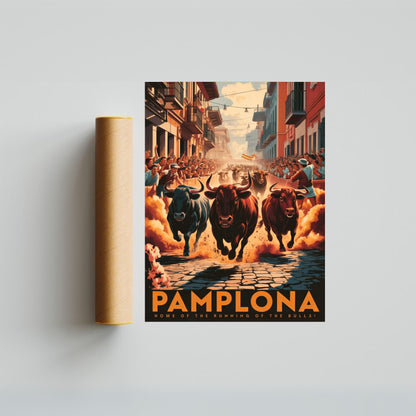 Pamplona Vintage Travel Poster - Running Bulls Race