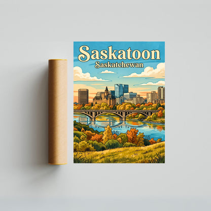 Saskatoon Vintage Travel Poster - Iconic Bridge