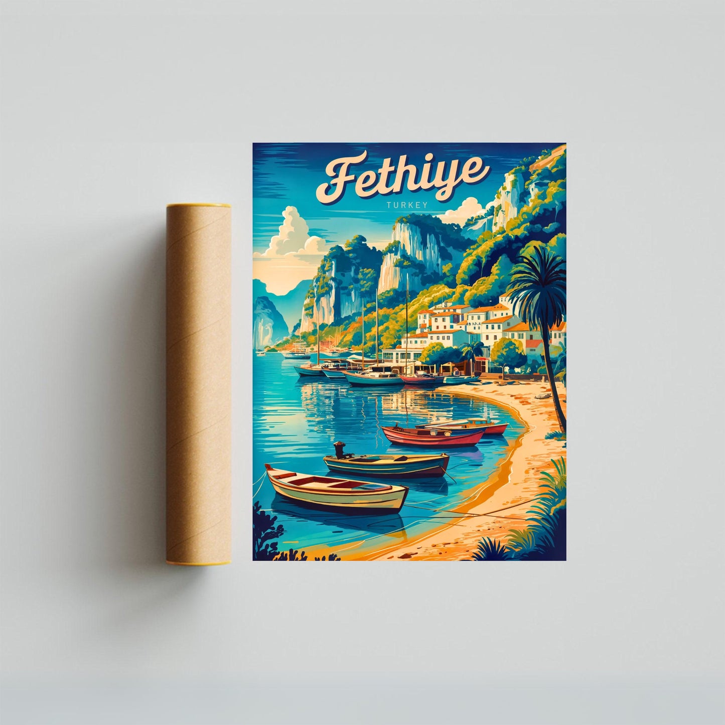 Fethiye Vintage Travel Poster - Turkey Charming Harbor View