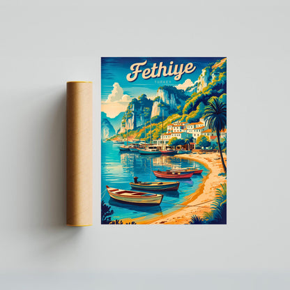 Fethiye Vintage Travel Poster - Turkey Charming Harbor View