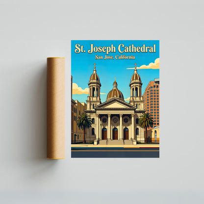 St. Joseph Cathedral Vintage Travel Poster -  Historic Cathedral Elegance, California