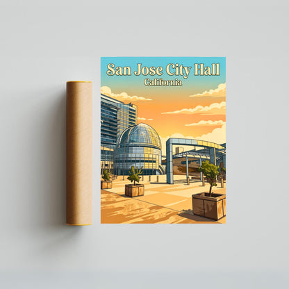 San Jose City Hall Vintage Travel Poster - Afternoon Glow