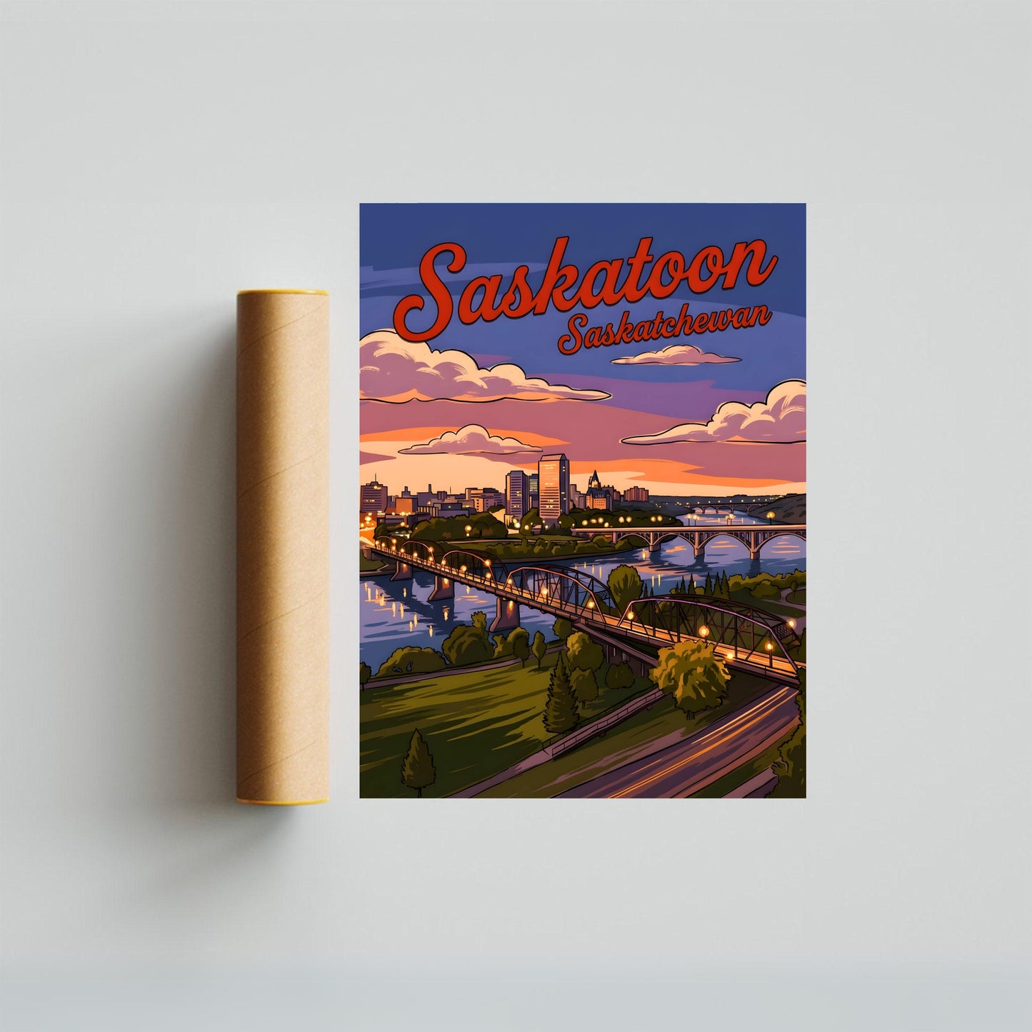 Saskatoon Vintage Travel Poster - Downtown Evening View