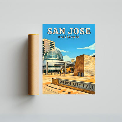 San Jose City Hall Vintage Travel Poster - Urban Elegance in California