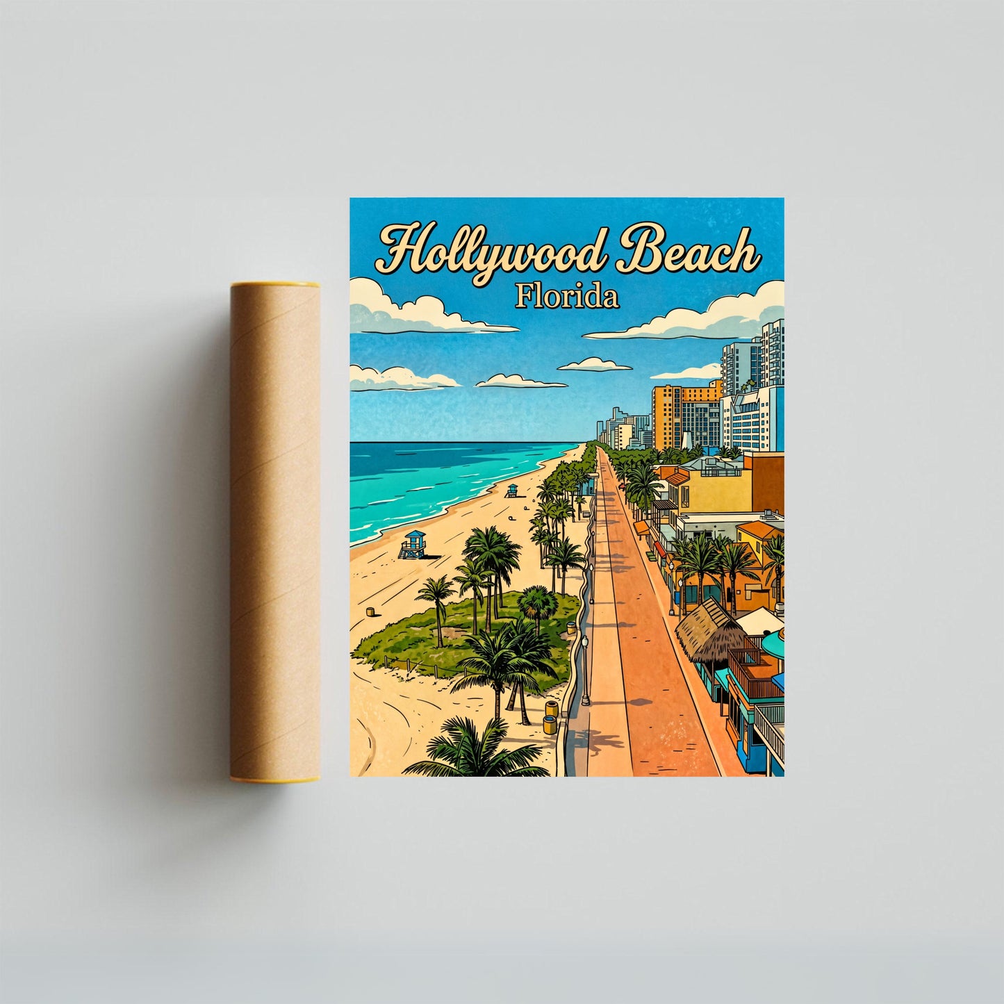 Hollywood Beach Vintage Travel Poster - Seaside Escape